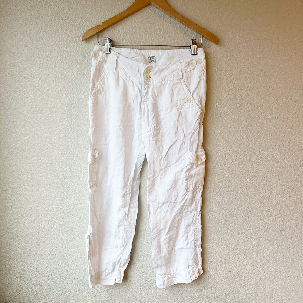 120% Lino Made in Italy White 100% Linen Cargo Crop Pants Button Detail Sz 6 / S